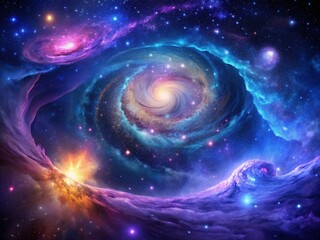 Vibrant purple and blue hues swirl in a mesmerizing cosmological display of twinkling stars, nebulae, and galaxies set