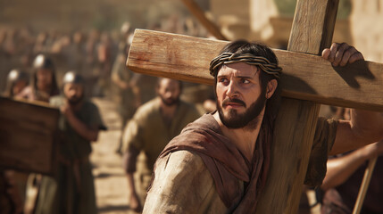 the moment Simon of Cyrene is compelled to help carry the cross