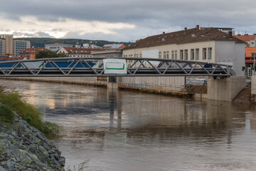 Flood wall in river basin of Svratka, Brno, Czech republic, floods after storm Boris, September 15, 2024.