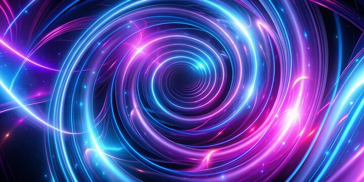 Vibrant purple and blue neon lights swirl in a mesmerizing abstract pattern, creating a stunning and dynamic background