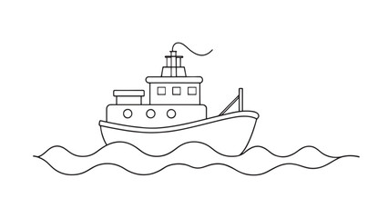 Tugboat Train Water Transport isolated continuous line art flat vector illustration on white background