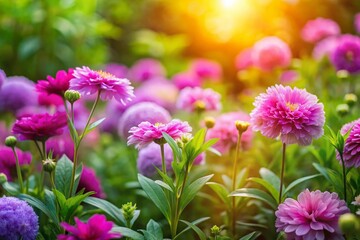 Vibrant purple and pink flowers bloom amidst lush green foliage, creating a serene and colorful nature background with