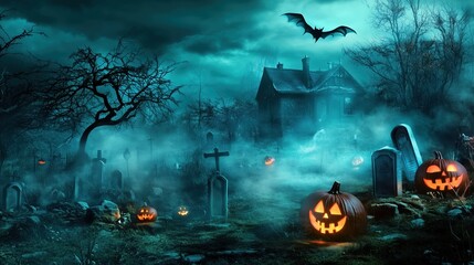 Eerie Halloween graveyard scene featuring glowing jack-o'-lanterns amidst dense fog on a spooky, teal-themed night. The ultra-realistic atmosphere creates a haunting fantasy vibe with ghostly mist and