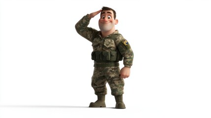 Cheerful military cartoon character saluting in full camouflage gear, isolated on a clean white background.