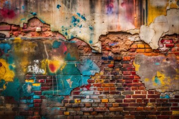 Close-up of colorful brick wall with peeling paint and texture