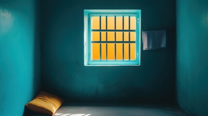 A vibrant teal prison cell with a barred window and yellow light filtering through.