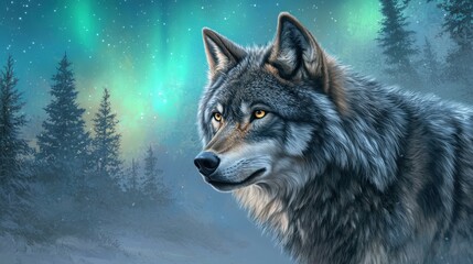 Fototapeta premium Majestic wolf gazes at the northern lights under a starlit sky in a tranquil forest