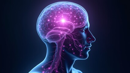 Generative AI, a human head with a glowing brain in the middle of it's head and a glowing light coming from the brain, facial muscles, a stock photo, neoplasticism
