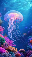 Naklejka premium A vibrant jellyfish gracefully glides through a colorful coral reef under bright sunlight