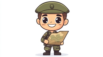 Obraz premium Cute cartoon army recruit with big round eyes and a friendly smile, holding a tiny map, isolated on white.