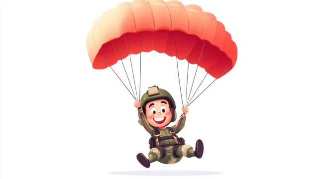 Cute military cartoon character parachuting with a big smile, holding the parachute strings, isolated on a white background.