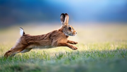 fast running rabbit in grass, side, blue and white bokeh background, highly detailed