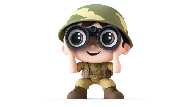 recommend clip art: Cute soldier cartoon character holding binoculars, peeking through with excitement, isolated on a white background.