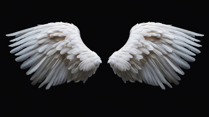 Realistic white angel wings isolated on solid black background
