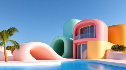 Fototapeta premium Colorful modern architecture near a sparkling pool, featuring unique shapes and a vibrant design against a clear blue sky.