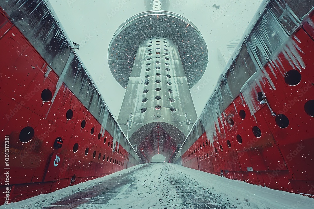 Wall mural a snow covered building with a large tower in the middle