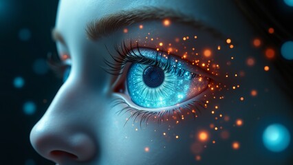 Fototapeta premium Generative AI, a close up of a blue eye with glowing stars around it and a blue background with a blue eye, realistic eyes, cyberpunk art, fantasy art 