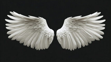 Realistic white angel wings isolated on solid black background
