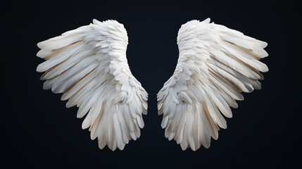 Realistic white angel wings isolated on solid black background
