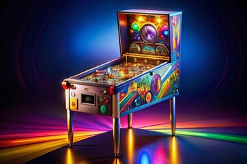 Vibrant, retro-style pinball machine with flashing lights, colorful graphics, and metallic accents...