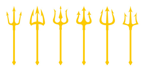 Trident vector icon set in yellow color. Set of yellow silhouettes of trident on a white background. Neptune trident. Design element for logo, label, sign, poster. Vector illustration.