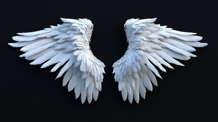Realistic white angel wings isolated on solid black background
