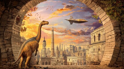 A dinosaur gazes at a futuristic city under a vibrant sunset sky in a surreal landscape