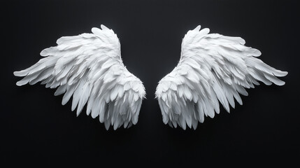 Realistic white angel wings isolated on solid black background
