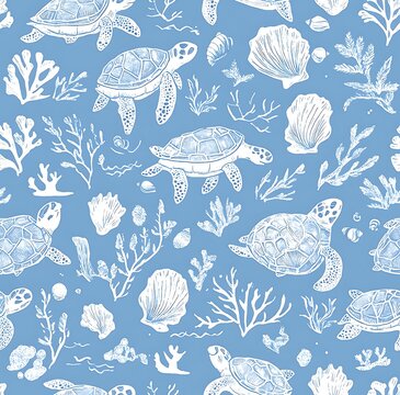 Light blue and white sea life  seamless pattern