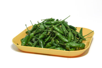 Cabe rawit hijau. Green bird eye Chilli or Green cayenne pepper isolated on white background