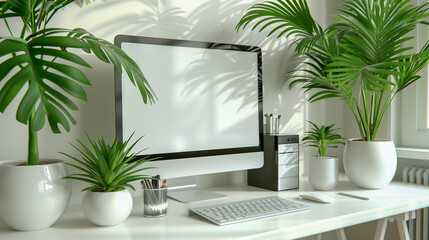 Minimalist Workspace with Computer and Indoor Plants