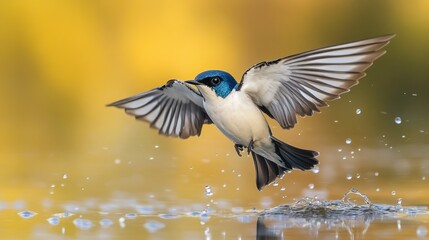 Naklejka premium A bird in mid-flight above water, creating splashes as it hunts for insects.