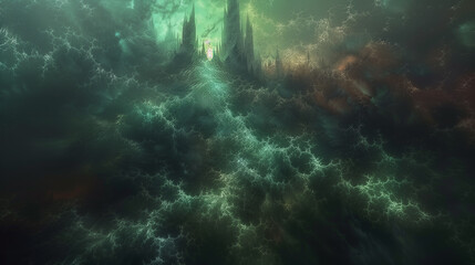 Obraz premium Mysterious Dark Fantasy Landscape with Towering Spires and Energy Fields..