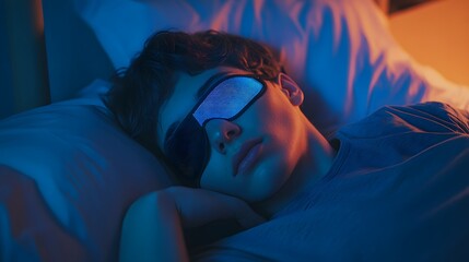 A young man wearing an eye mask lies in bed, sleeping with his eyes closed and blue light illuminating the room