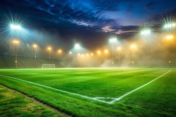 Vibrant stadium lights illuminate a misty evening atmosphere, casting a golden glow on the lush green grass of