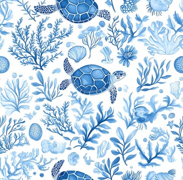 Light blue and white sea life  seamless pattern