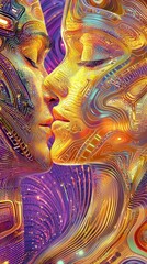 Obraz premium A vibrant digital embrace between two ethereal beings in a cosmic landscape of colors