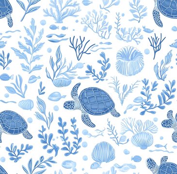 Light blue and white sea life  seamless pattern