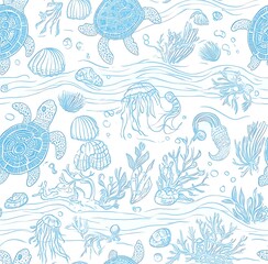 Light blue and white sea life  seamless pattern