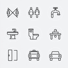 Set of medical site-related vector line icons. Contains such icons as family toilet, do not throw sign, water tap, washroom, table door, ambulauns, car, tablet, prescription and more. Editable stroke.