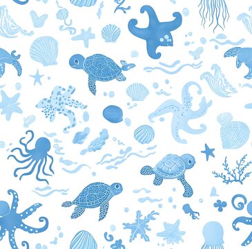 Light blue and white sea life  seamless pattern