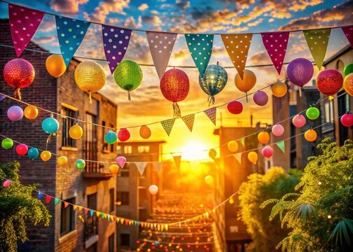 Vibrant summer evening block party scene with colorful twinkling string lights, balloons, and papel picado banners