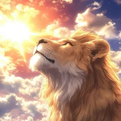 A powerful lion stands proudly, eyes closed, as the warm rays of the sun illuminate its mane © Mykhailo Podolian
