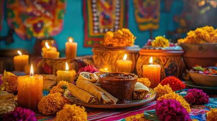 Naklejka premium A vibrant altar featuring traditional food, candles, and marigold flowers, celebrating cultural heritage and festive spirit