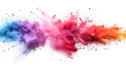 An explosion of colored powder resembling a rainbow is creating a vibrant pattern on a white background, showcasing shades of pink, violet, magenta, and more in an artistic display