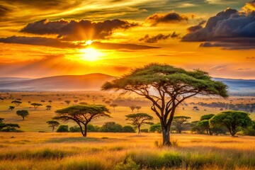 Obraz premium Vibrant sunset over the savannah, warm golden light illuminates acacia trees and rolling hills, capturing the serene