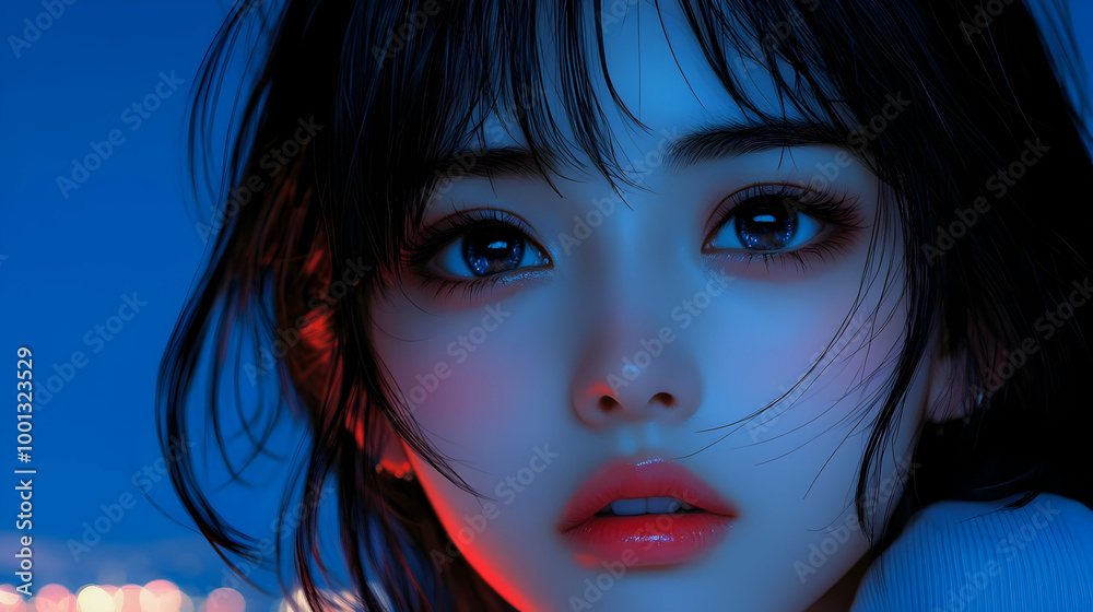 Sticker Stunning Anime Girl Portrait with Blue and Red Lighting