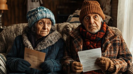Fototapeta premium Poor sad old family couple don't have money to pay for home heating and sit together in winter hats