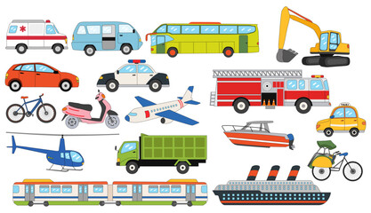 collection of lined vehicle cartoon illustration