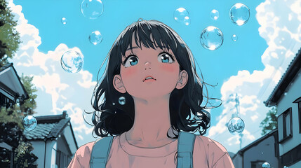 Anime Girl Gazing at Bubbles in the Sky
